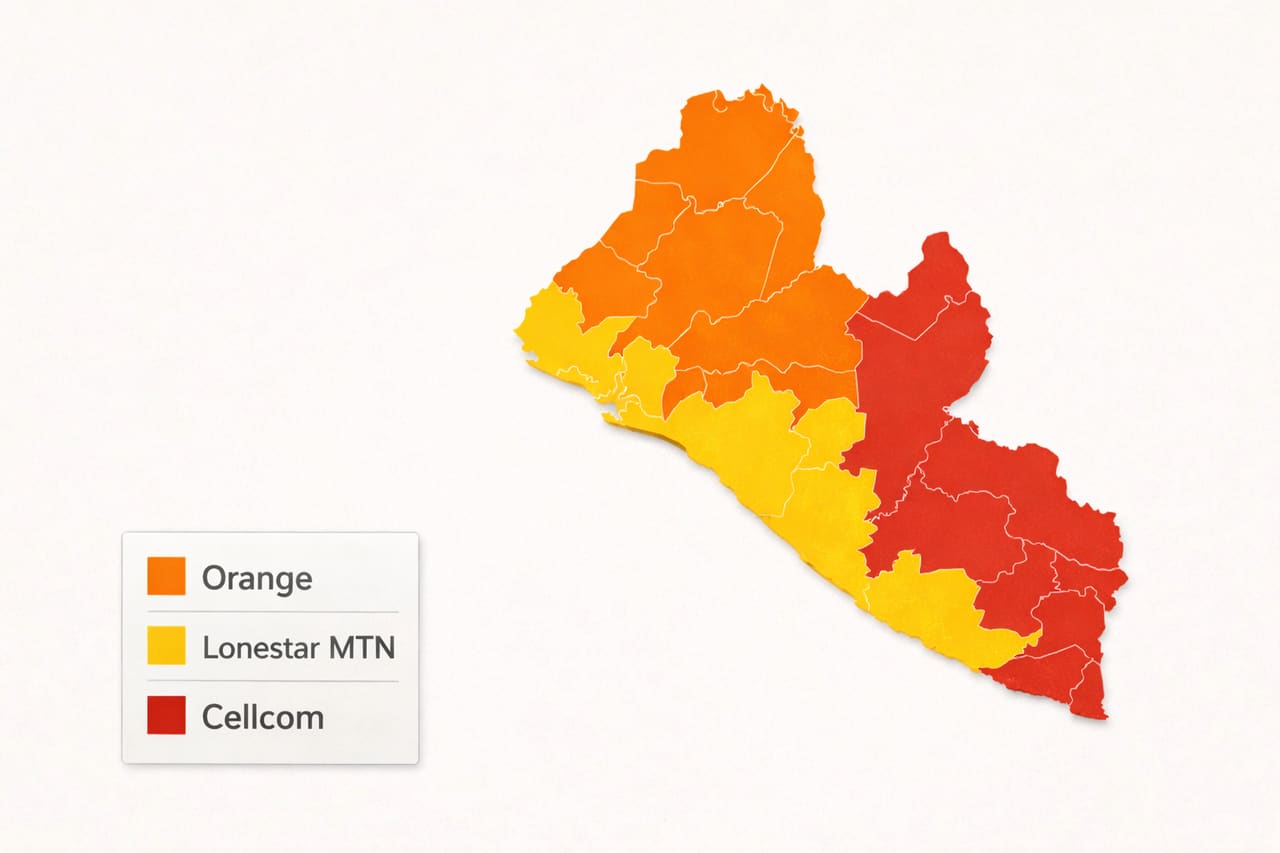 Карта покрытия мобильных операторов в Либерии с разделением по регионам Orange, Lonestar MTN и Cellcom