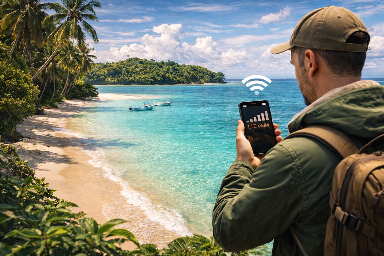 Isole delle Perle di Panama e turista con smartphone con eSIM