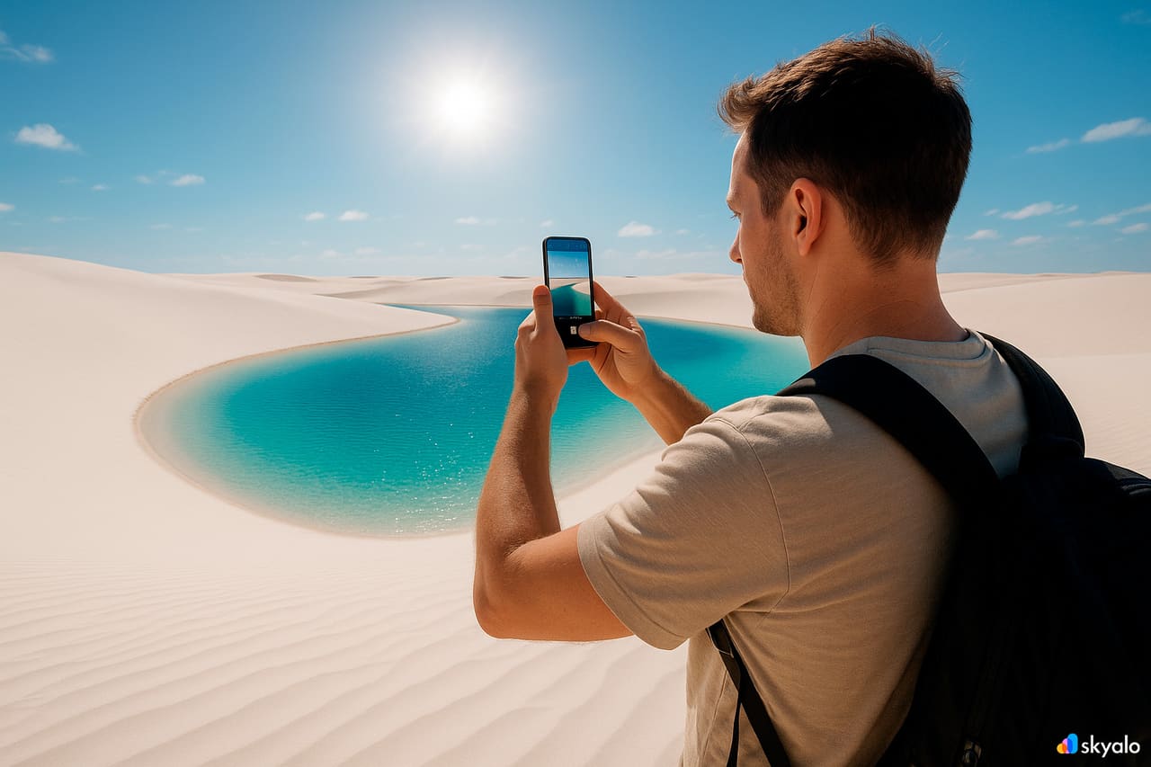 Kavurucu güneş ve mavi gökyüzü altında Lençóis Maranhenses lagünlerini fotoğraflayan turist