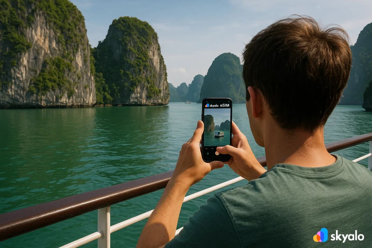 Scogliere calcaree della Baia di Ha Long, viaggiatore su una barca che usa la eSIM Skyalo per trasmettere in diretta paesaggi marini mozzafiato
