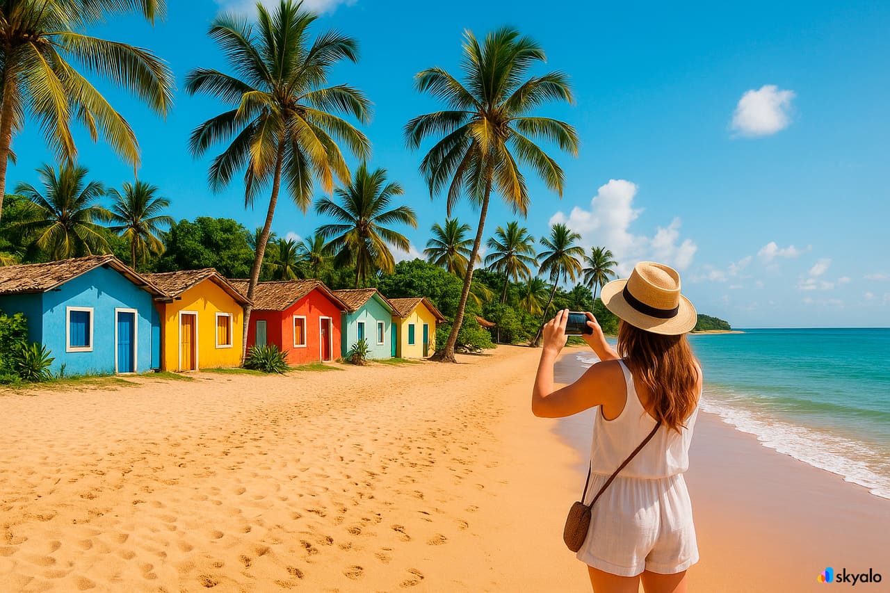 Trancoso plajını ve renkli evleri fotoğraflayan turist; arka planda palmiyeler ve mavi deniz