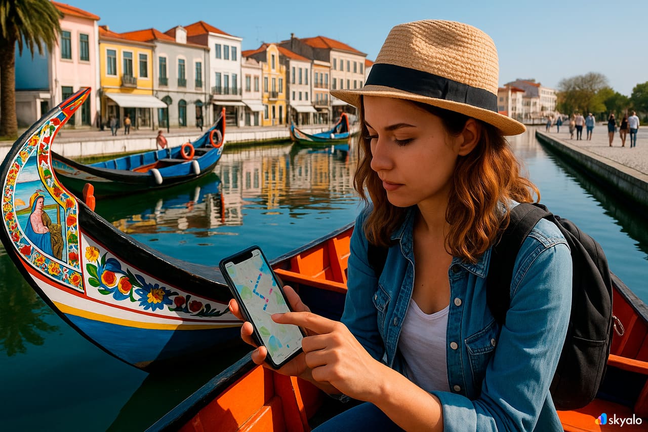 Viaggiatrice su un moliceiro dipinto ad Aveiro che controlla il percorso sul telefono; facciate Art Nouveau e riflessi