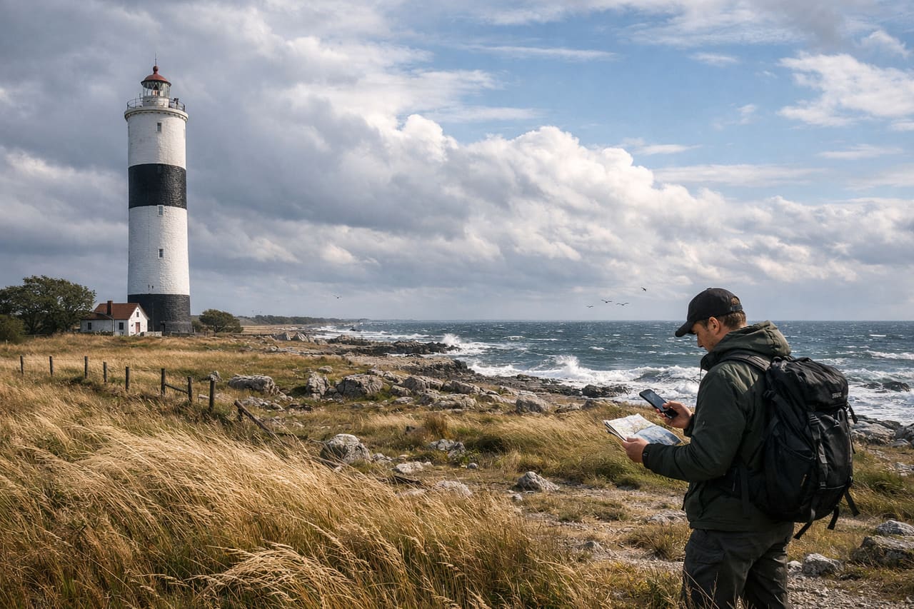Un faro a Öland e un turista pianifica il percorso