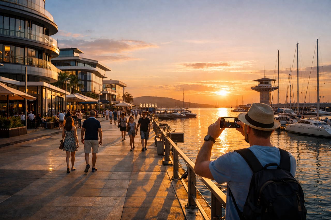 Il lungomare di Burgas sul Mar Nero e turisti con internet eSIM