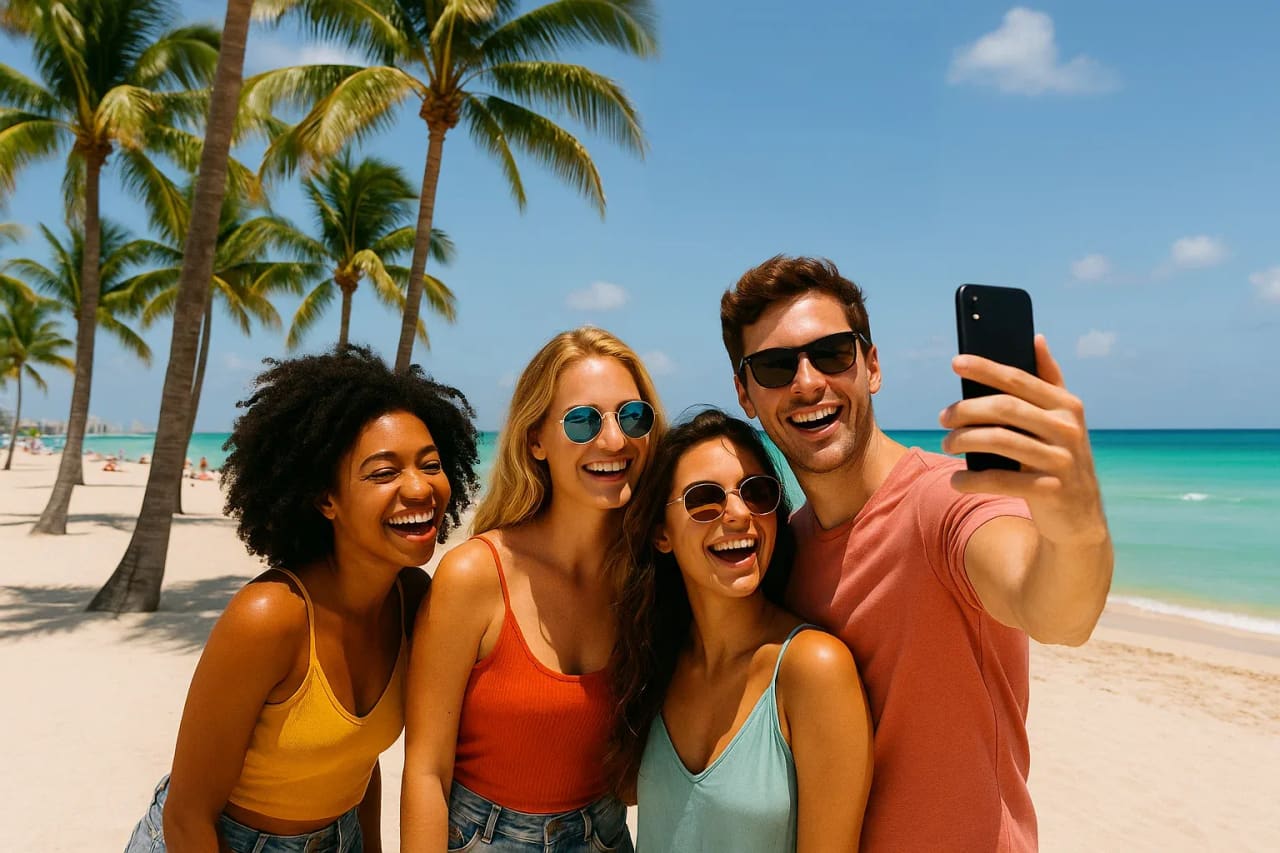 Joves a la platja de Miami gaudint d’internet eSIM