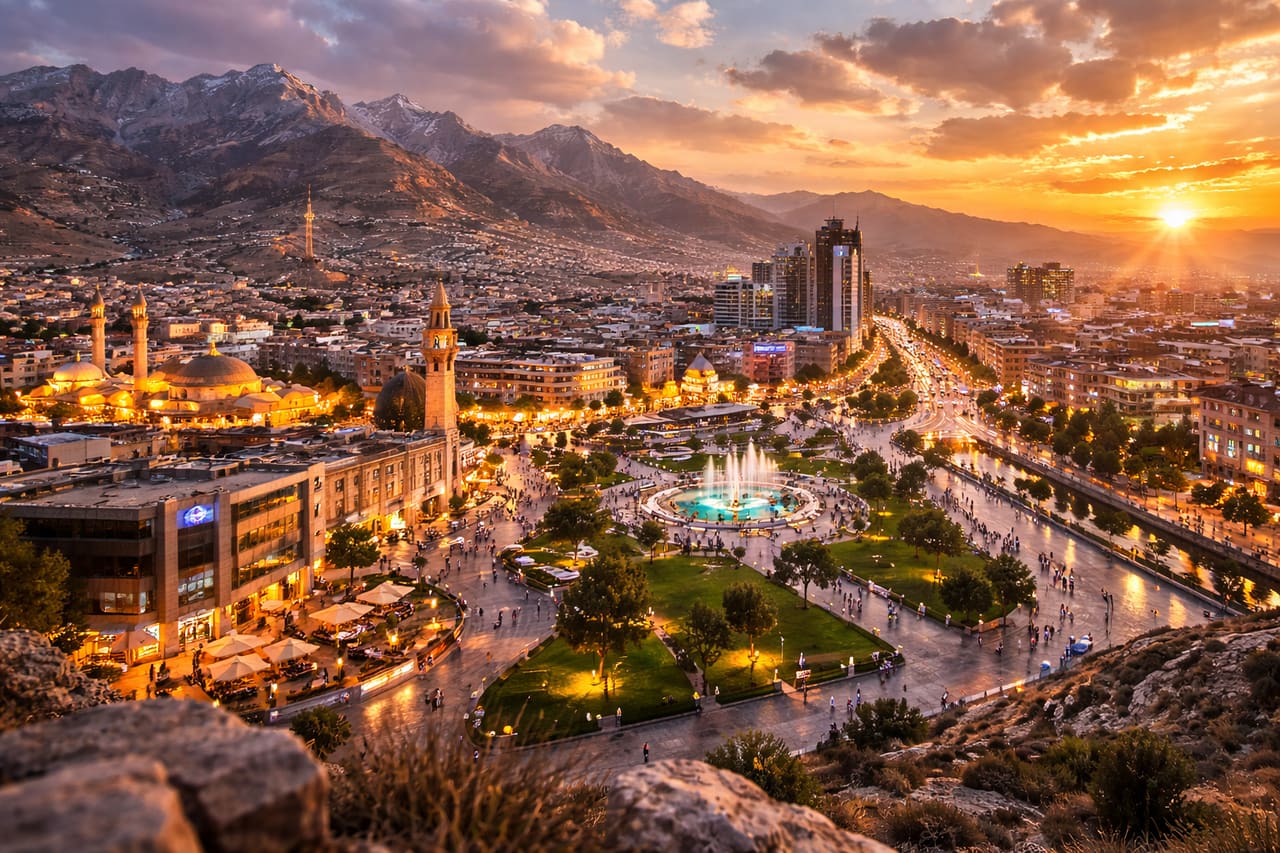 Suleimanijos miestas Kurdistano kalnuose su modernia architektūra ir gamtine aplinka