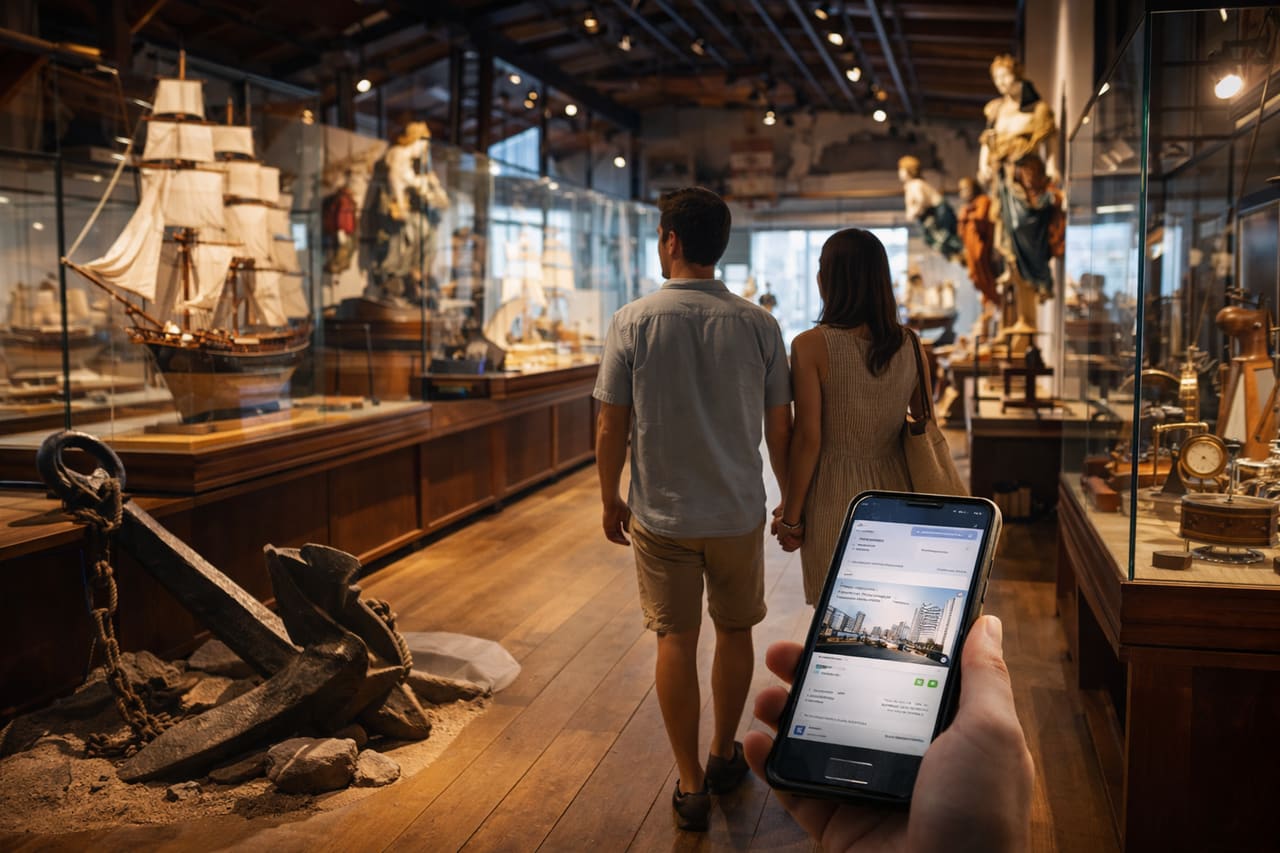 Interno del Museo Marittimo delle Isole Åland a Mariehamn con modellini di navi, ancore e strumenti nautici; visitatori usano uno smartphone con eSIM
