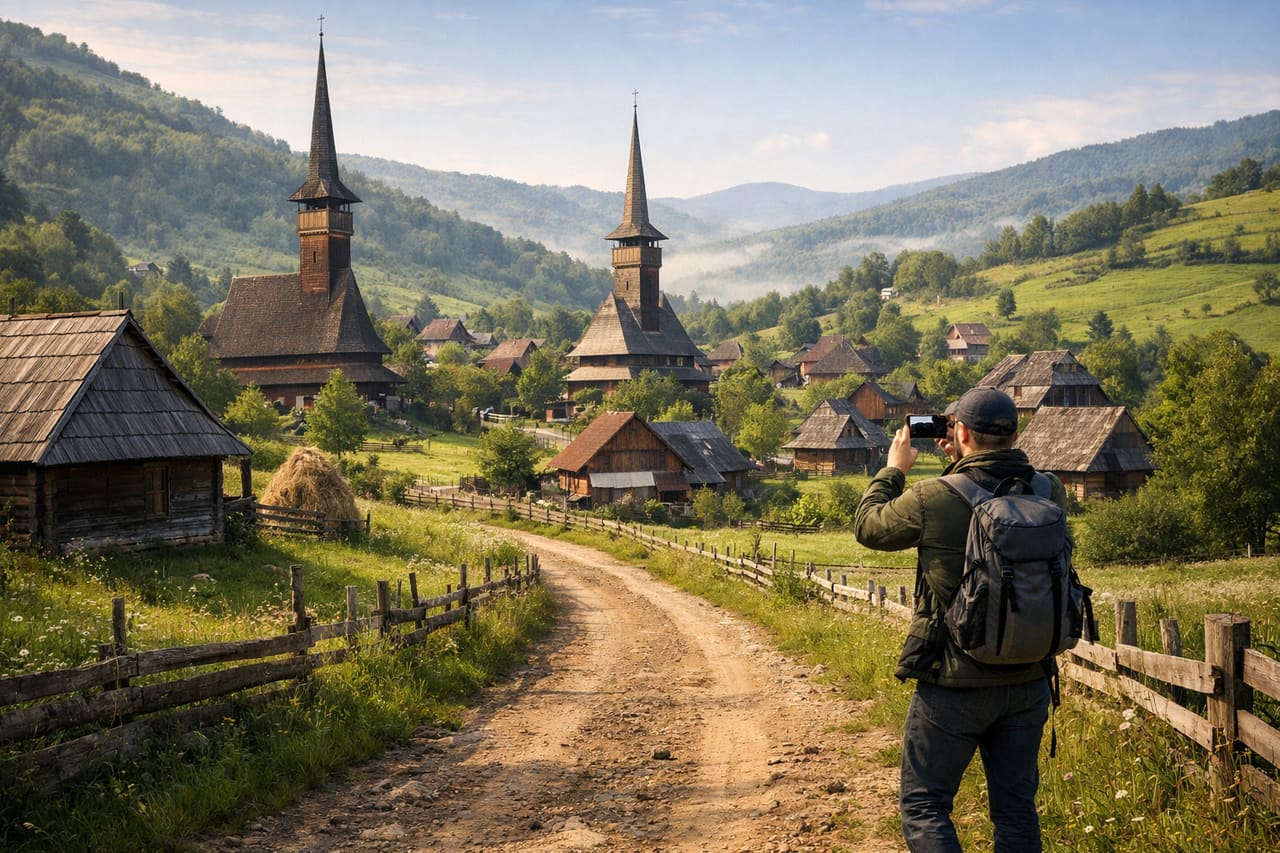 Un villaggio del Maramureș con una tradizionale chiesa in legno.