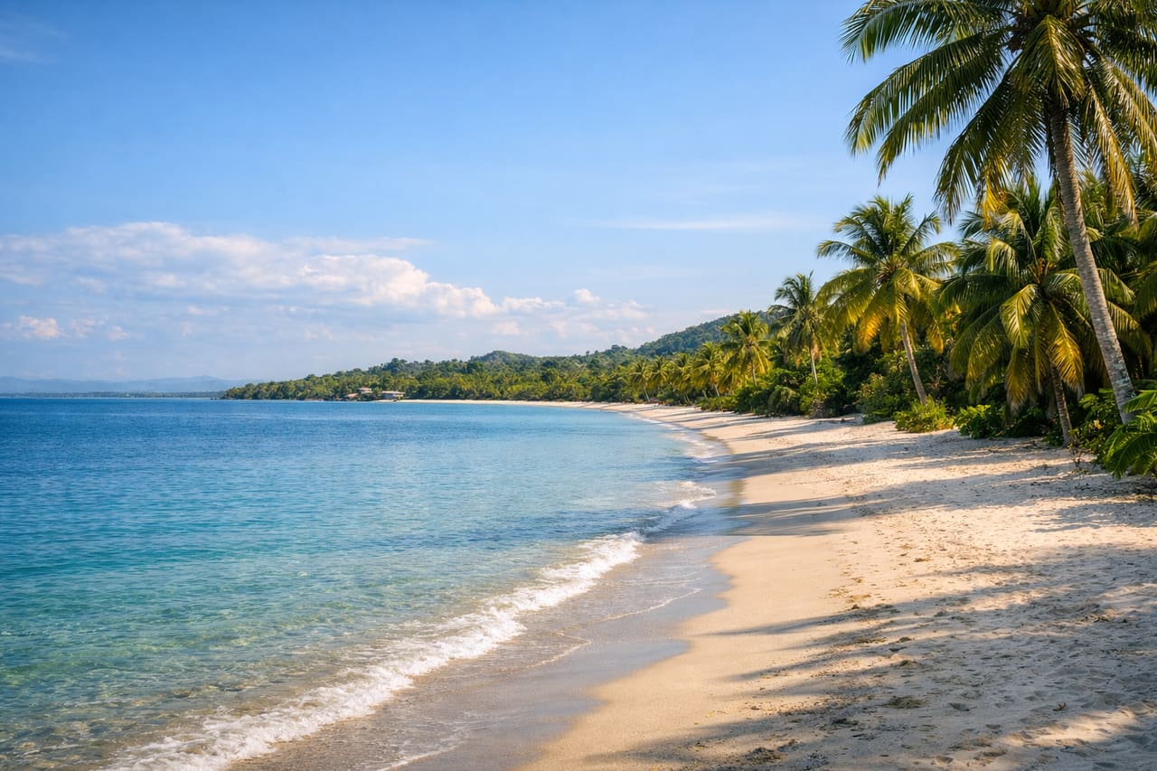 La spiaggia di Placencia con sabbia bianca e palme sul mare calmo