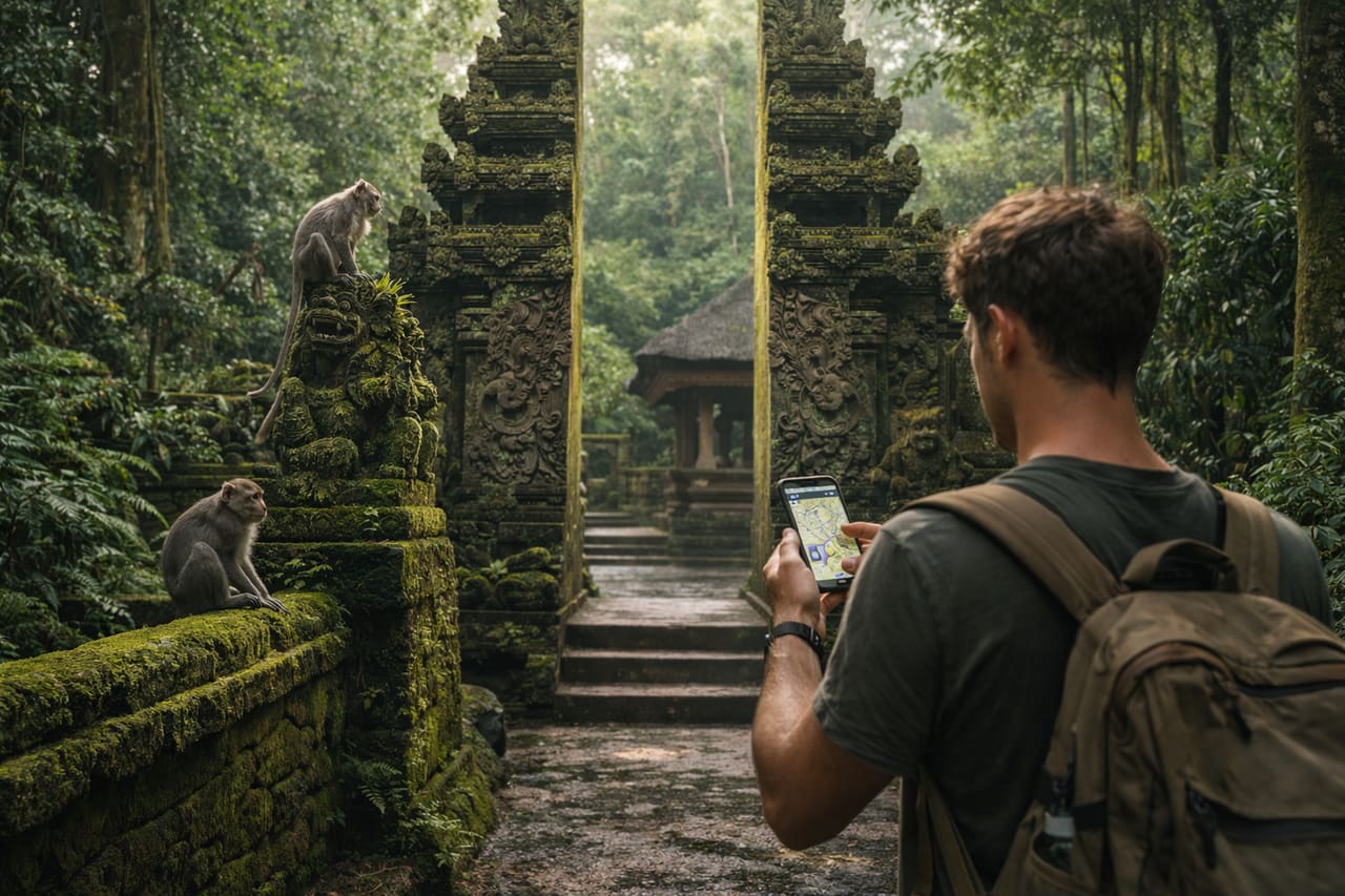 Monkey Forest a Ubud e un turista con navigazione sullo smartphone