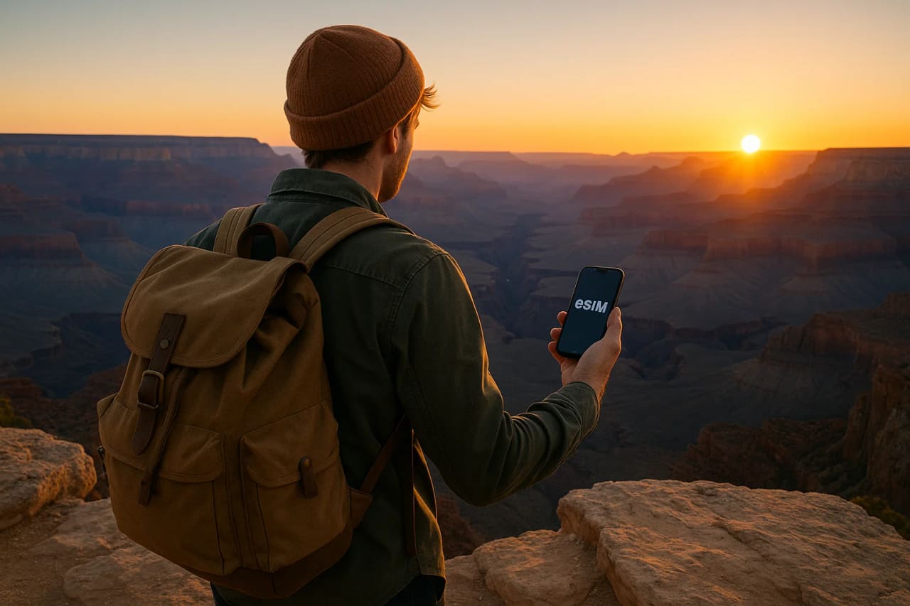 Turista al caire del Gran Canó amb un telèfon