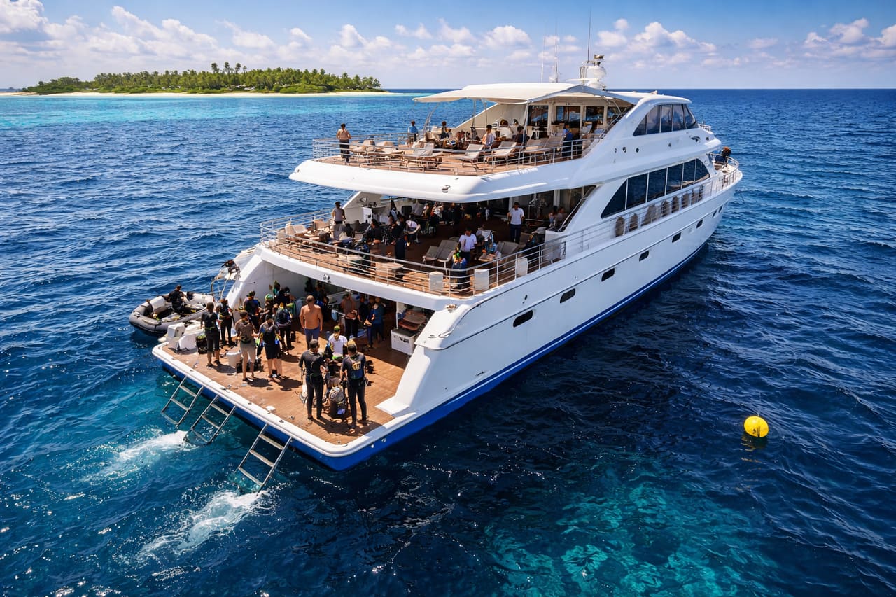 Imbarcazione liveaboard con sub sul ponte