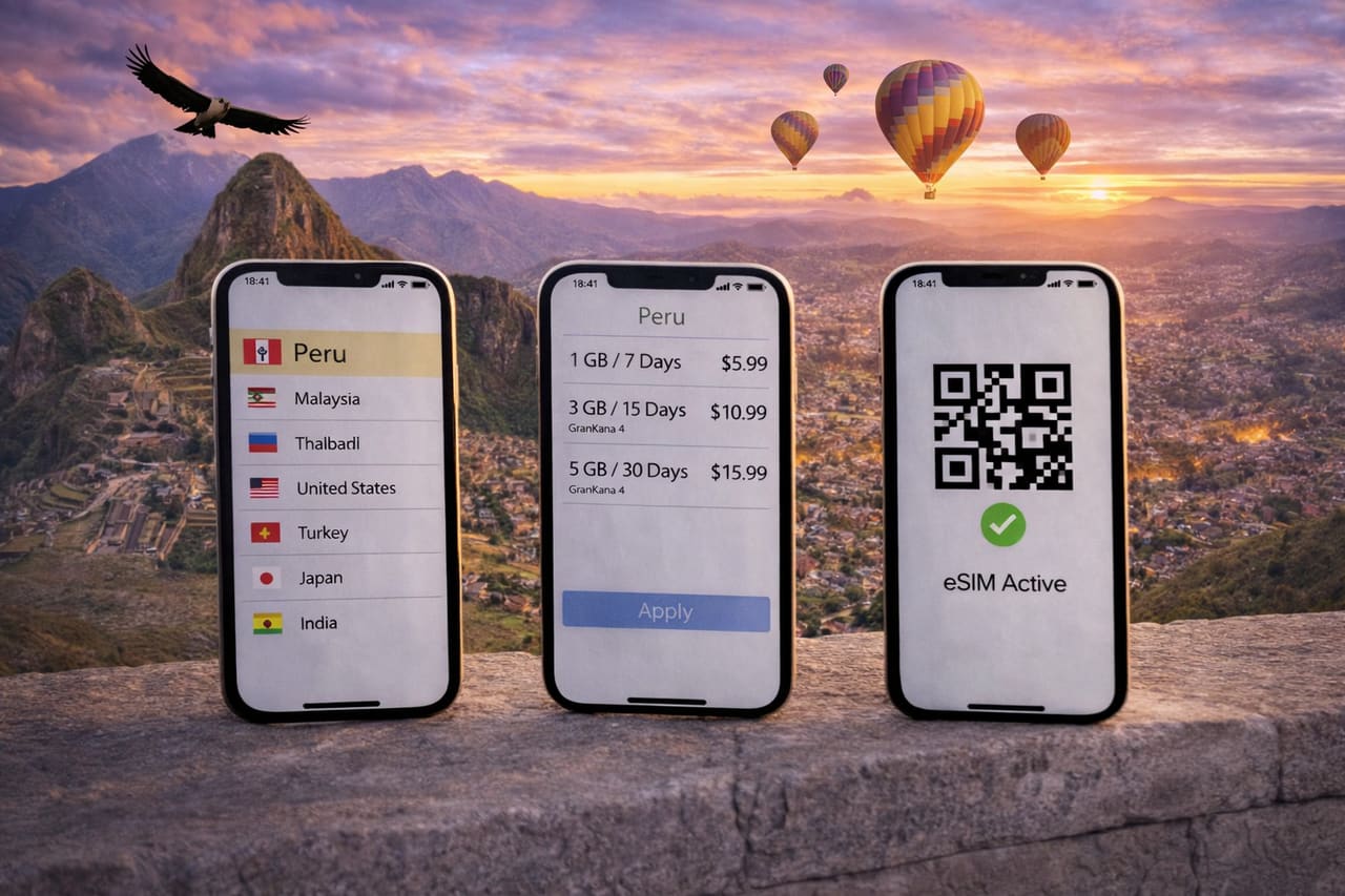Aktivasi eSIM untuk Peru - pilih paket, instal lewat kode QR, dan internet seluler untuk perjalanan keliling negara