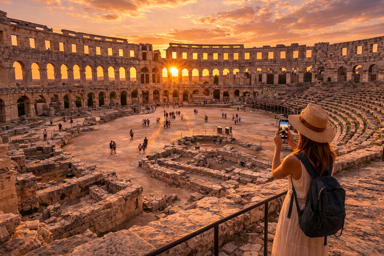 Touristen beim Amphitheater von Pula nutzen ein Smartphone mit eSIM-Internet