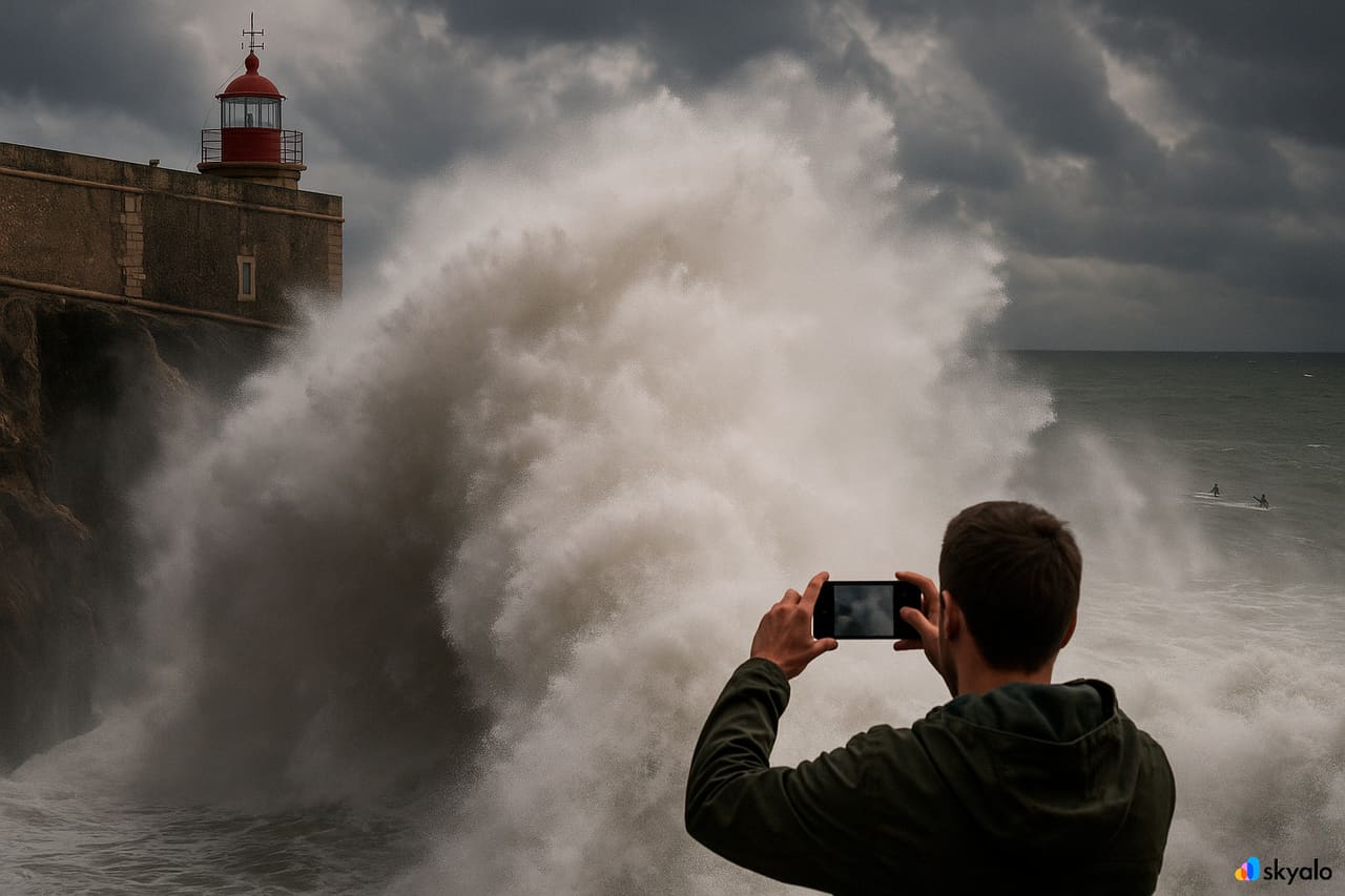 Onde gigantesche al faro di Nazaré; nebbia salmastra e spruzzi contro la scogliera, nuvole drammatiche, un viaggiatore che scatta foto