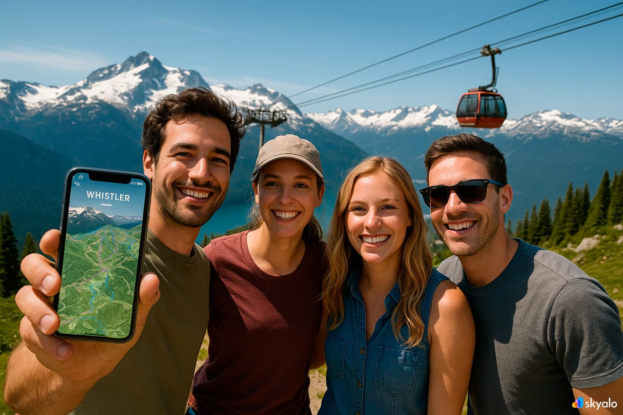 Gruppo di amici sulla cabinovia Peak2Peak; sempre online con eSIM Skyalo, creste alpine sotto cieli azzurri