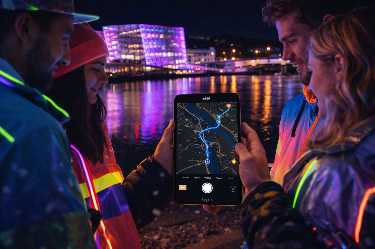 Navigazione notturna a Linz tramite smartphone con eSIM per viaggiare in Austria