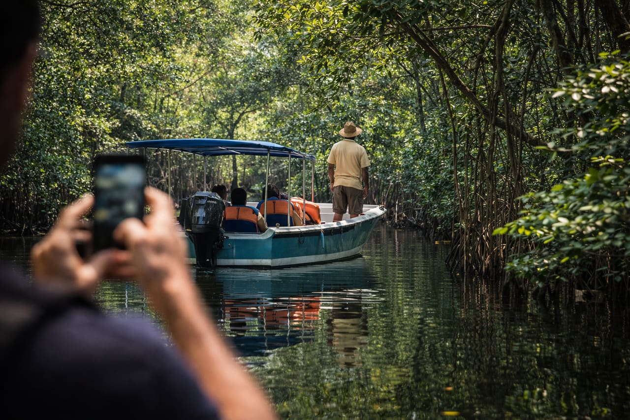 Mangrovie del Black River: barca con turisti a metà scena, uno scatta una foto con il telefono