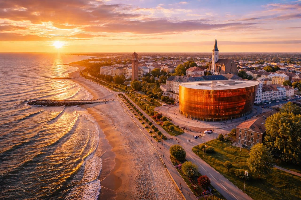 Liepāja sahili ve Great Amber konser salonu