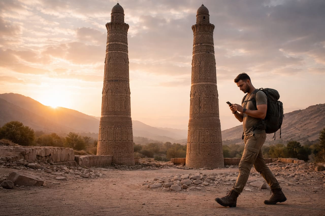 Minareti di Ghazni e un viaggiatore con telefono