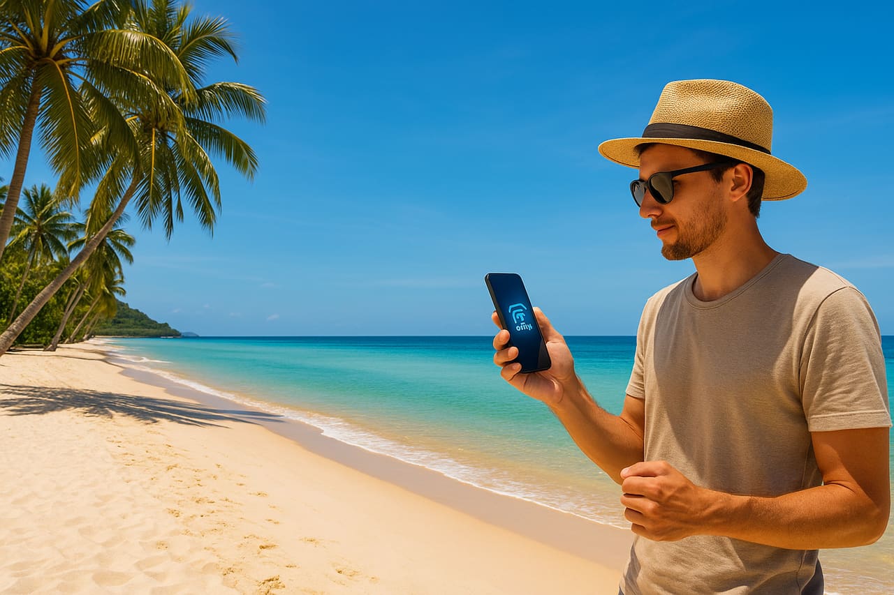 Platja tropical de l’illa de Phu Quoc amb sorra blanca, aigua turquesa i palmeres, un turista aguanta un mòbil amb l’eSIM activa