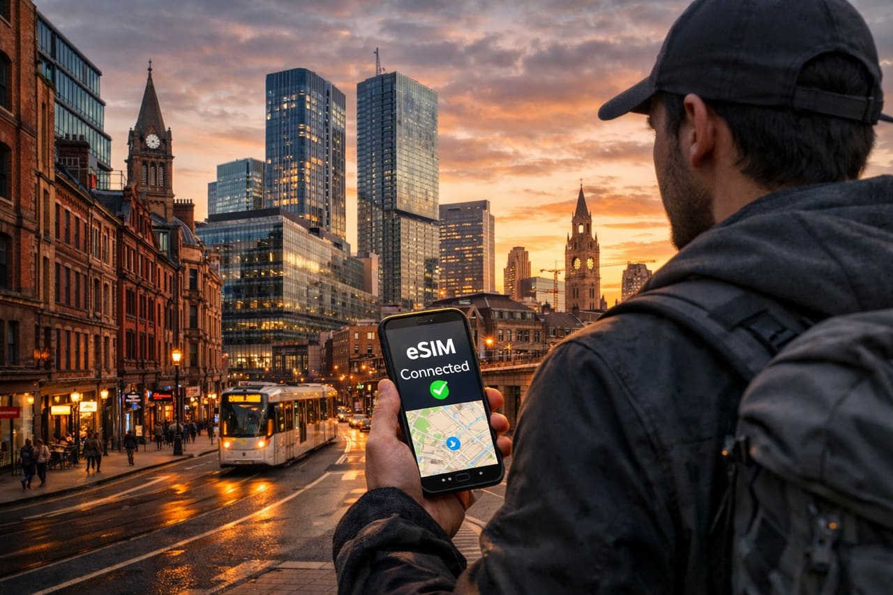 La città di Manchester e un turista con smartphone con eSIM