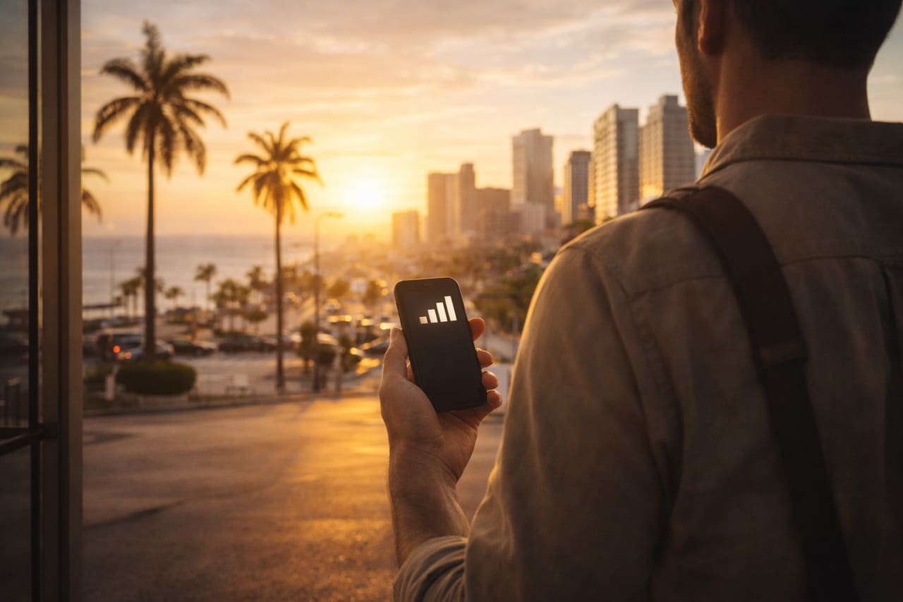 Viaggiatore in Angola con rete mobile attiva sullo smartphone