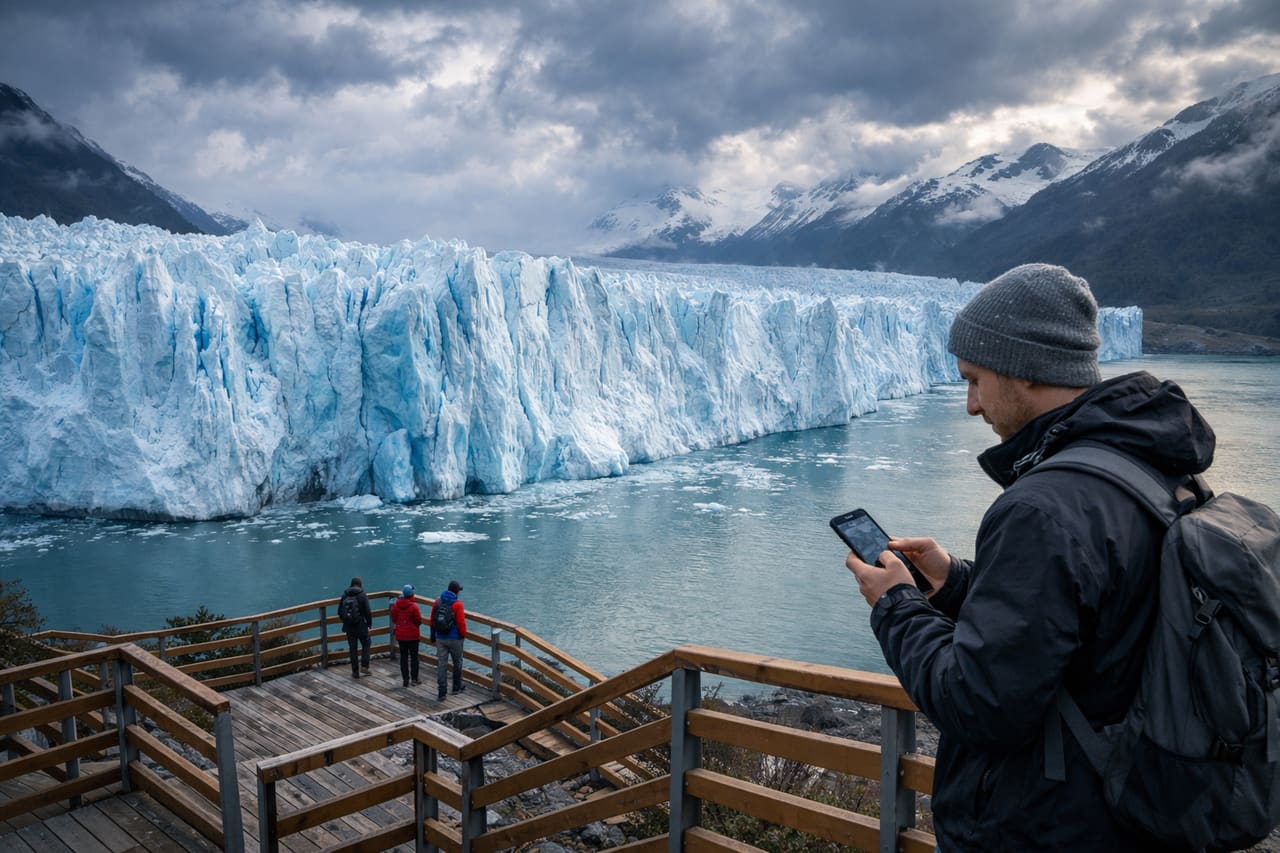 Ghiacciaio Perito Moreno in Patagonia con turisti sulla passerella panoramica e smartphone con eSIM attiva