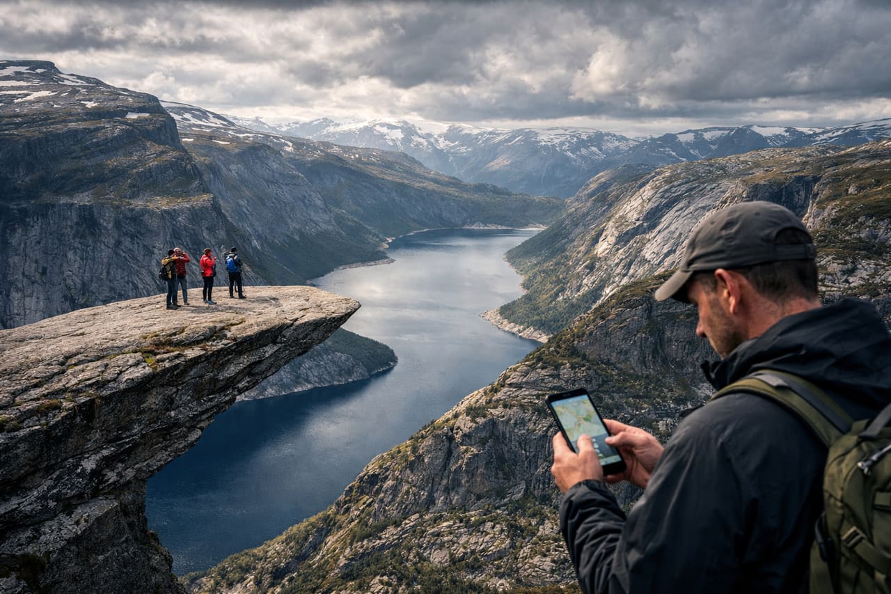 Trolltunga – famoso sperone roccioso sopra un lago nelle montagne norvegesi