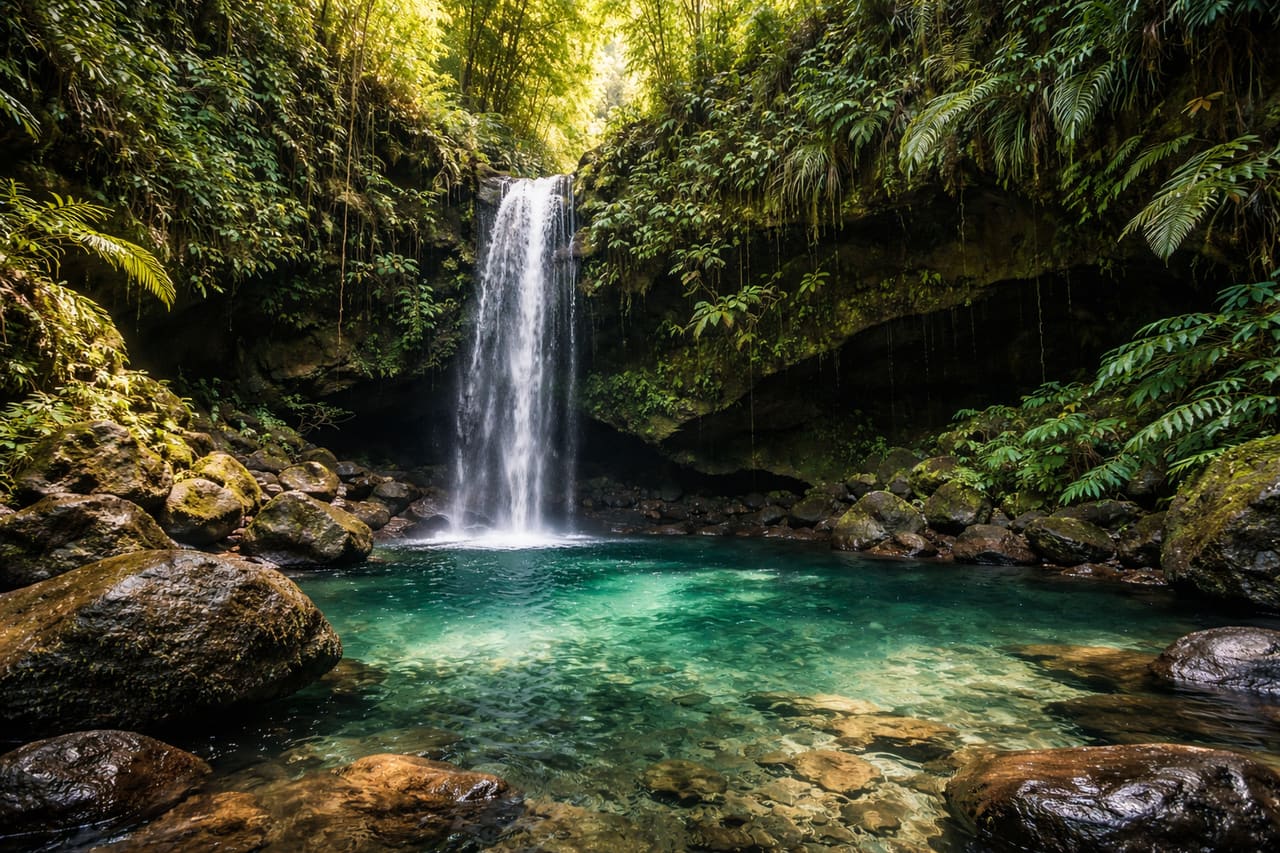 Emerald Pool a vodopád v džungli Dominiky
