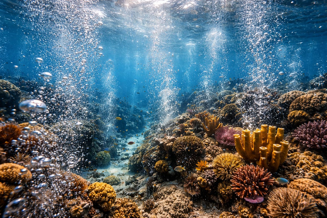 Podvodní bublinky a korály na Champagne Reef
