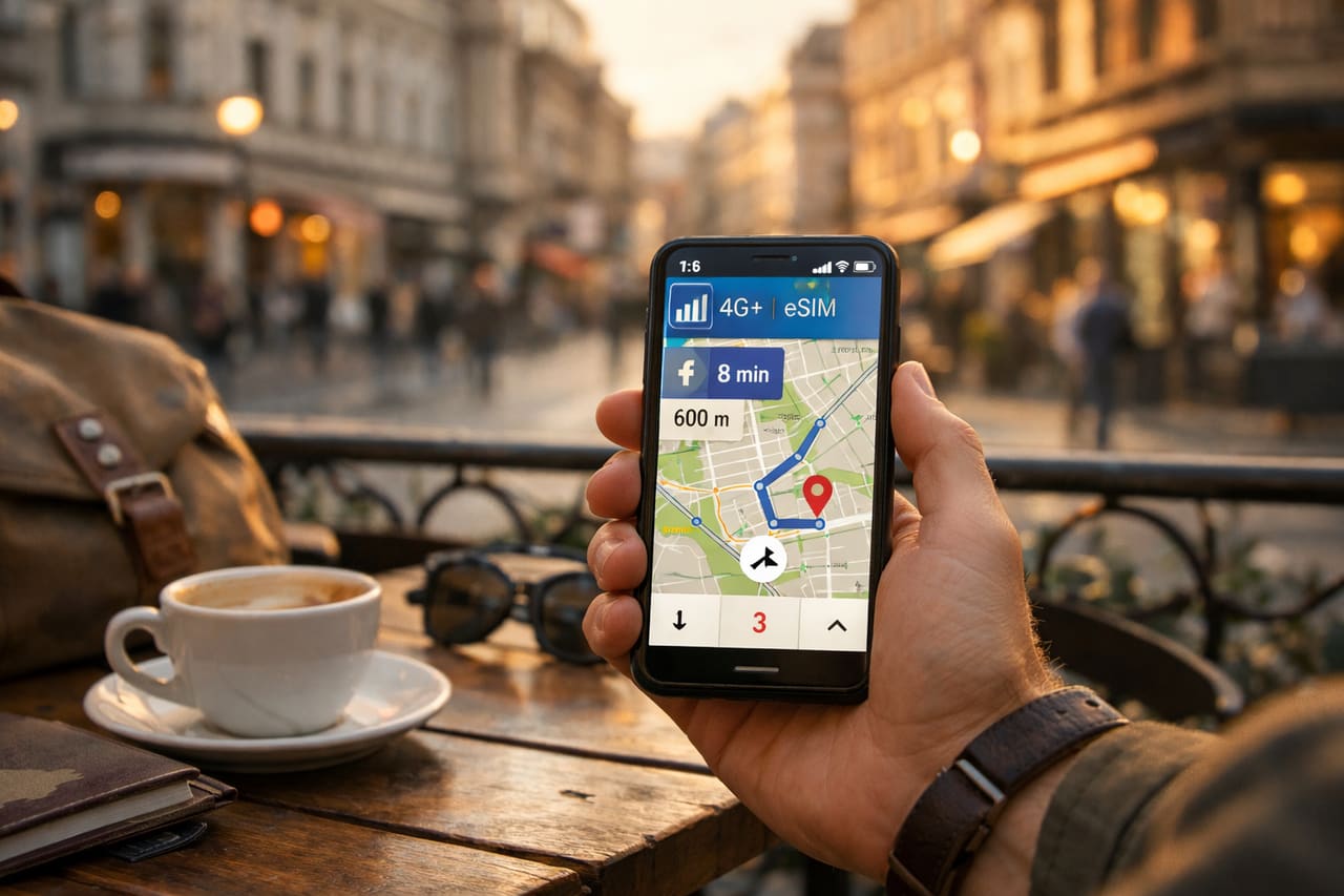 Un viaggiatore usa uno smartphone con internet mobile e una eSIM per orientarsi a Belgrado.