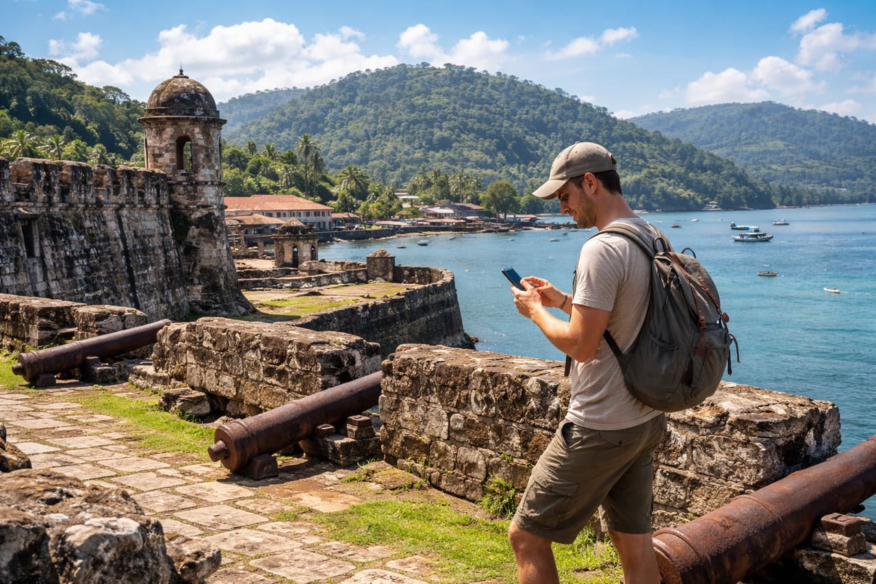 Fortezza coloniale di Portobelo e turista con smartphone con eSIM