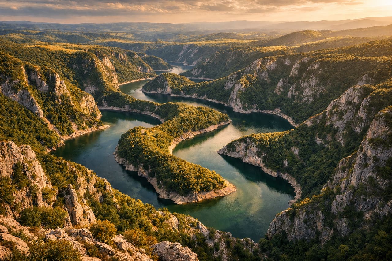 Il canyon di Uvac in Serbia con il fiume sinuoso e i belvedere sopra la riserva naturale.