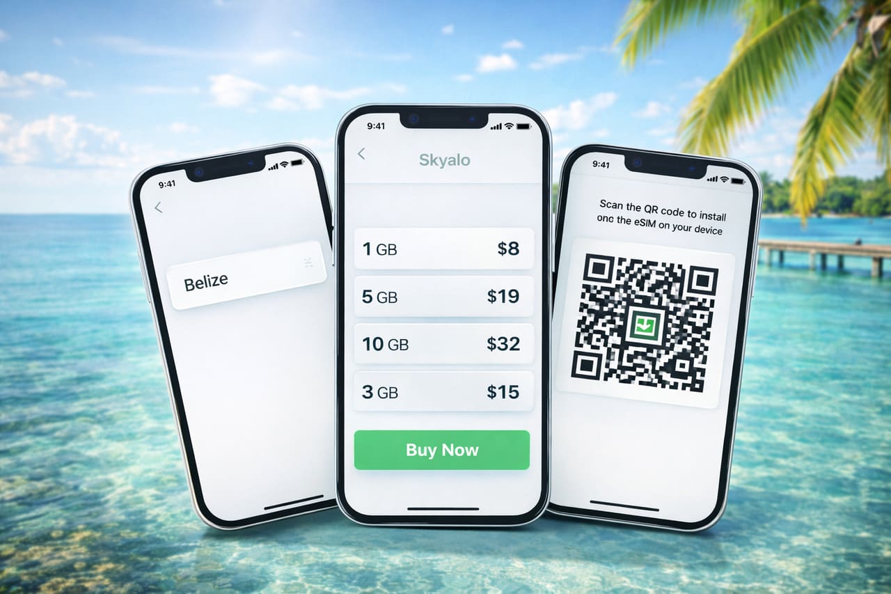 Tre smartphone con l’interfaccia dell’app Skyalo sullo sfondo di una spiaggia tropicale del Belize - scelta del paese, piani e codice QR per installare la eSIM