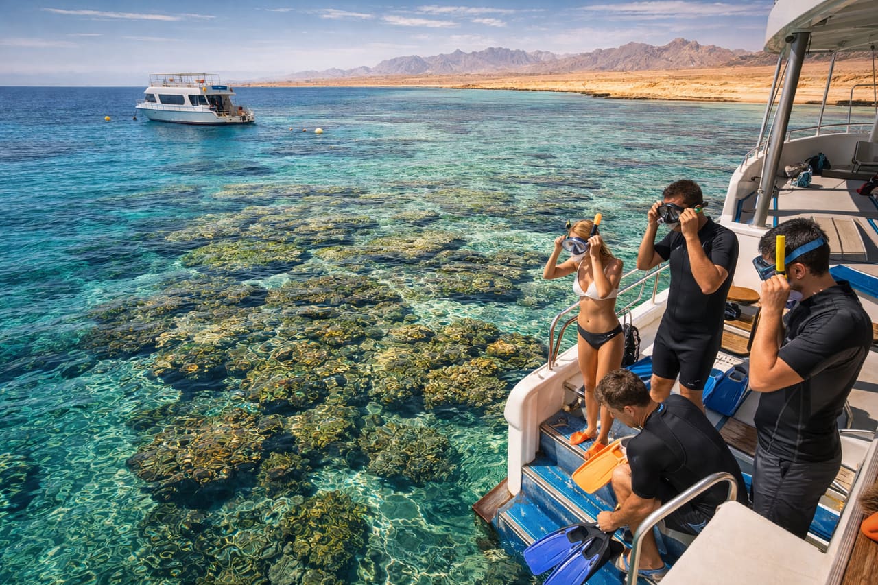 Parco Nazionale di Ras Mohammed e barriere coralline del Mar Rosso con turisti in barca, viaggio con eSIM
