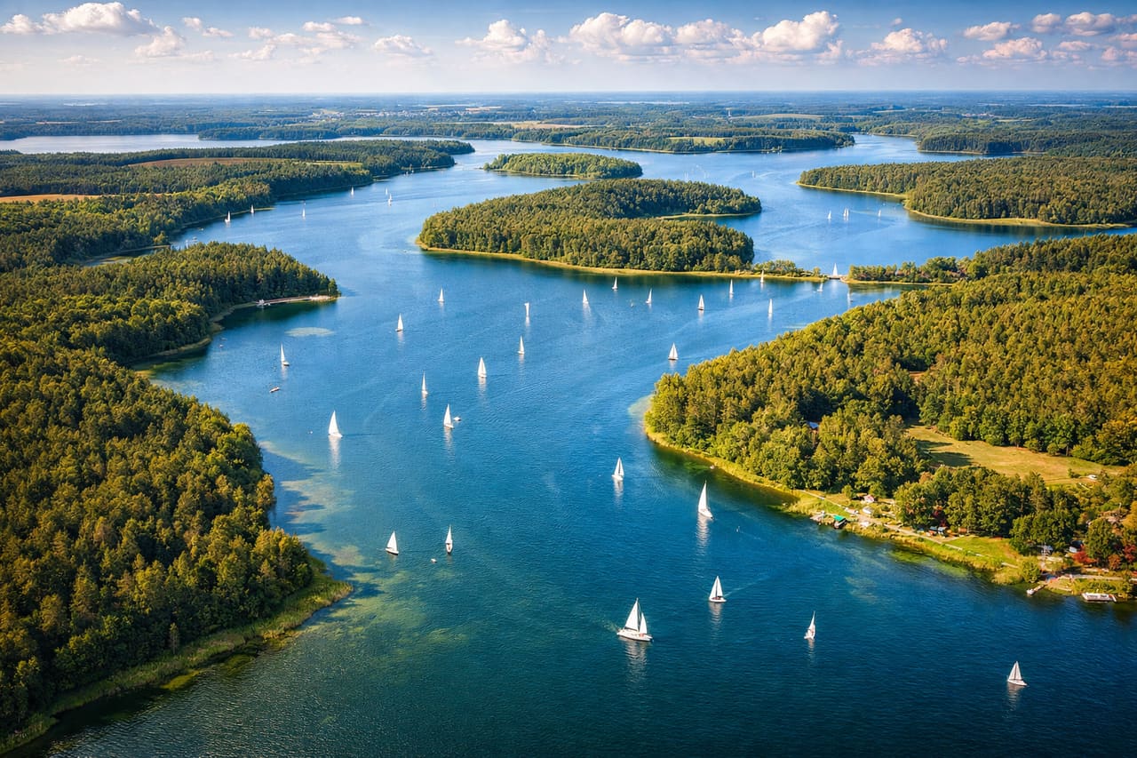 Paesaggio dei Laghi della Masuria con laghi limpidi, foreste e yacht