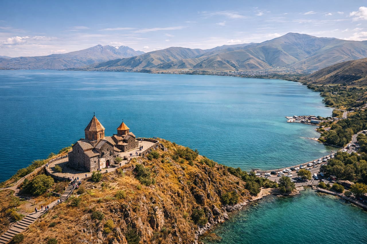 Lago Sevan e il monastero Sevanavank visti dall’alto