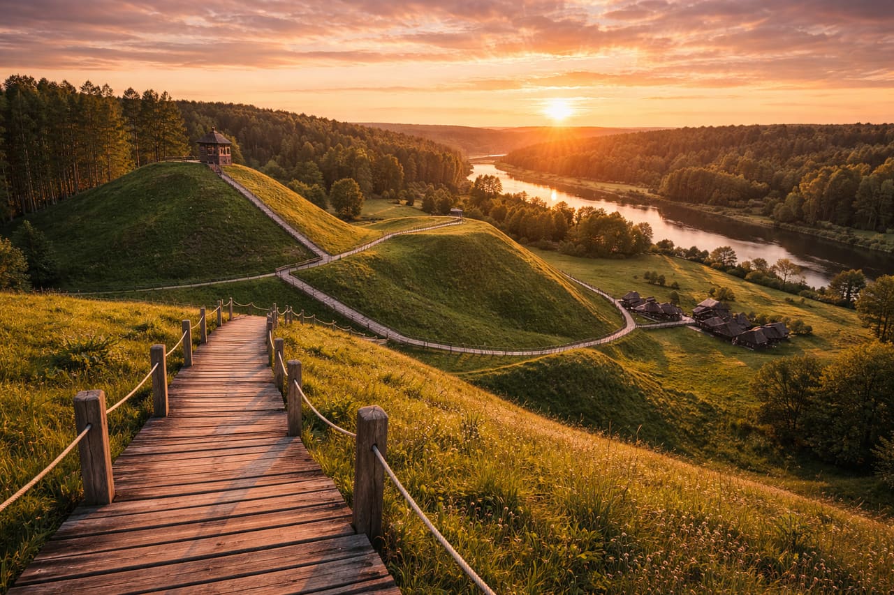 Colline archeologiche di Kernavė sopra la valle del fiume Neris