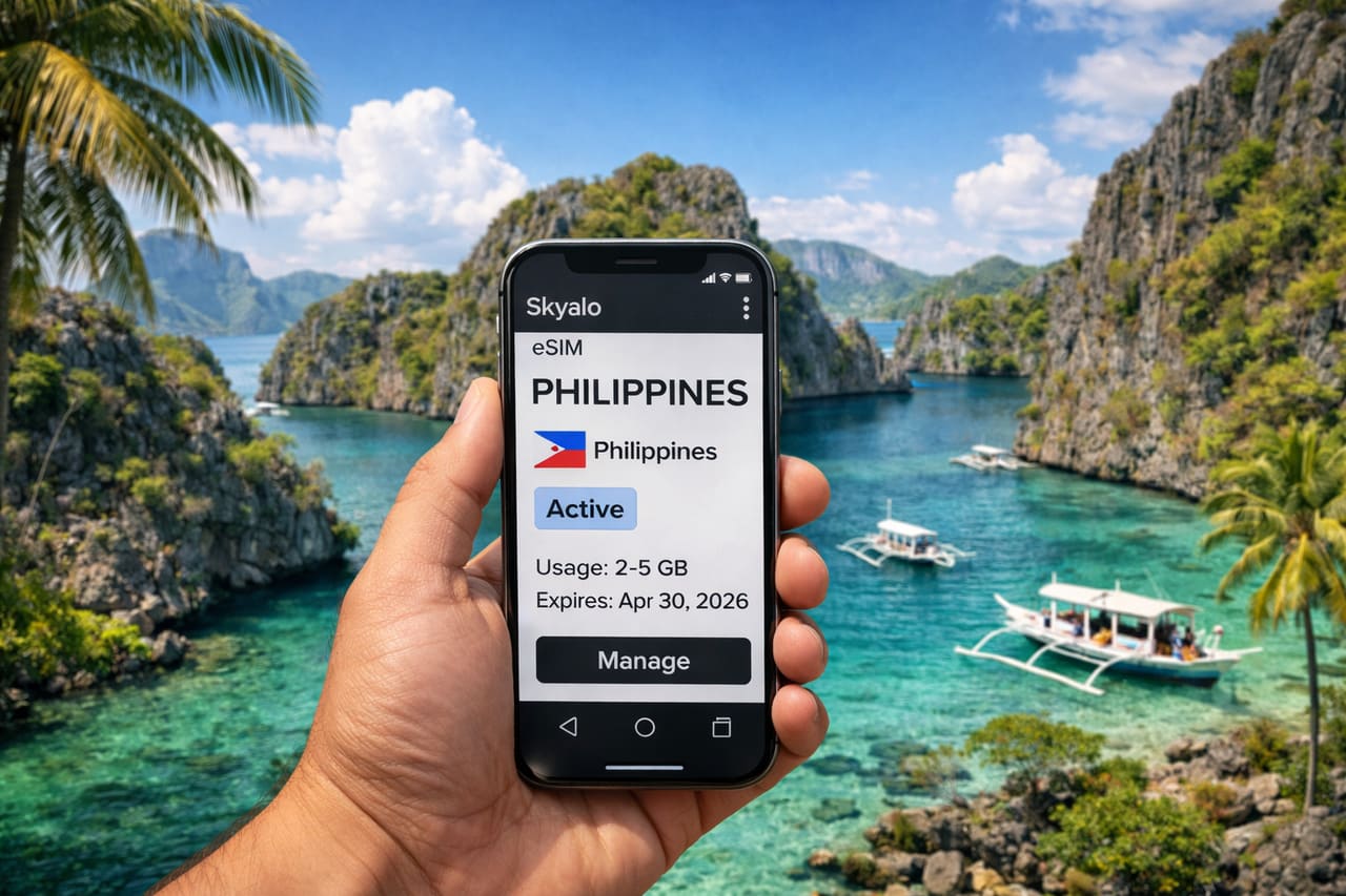 Uno smartphone con eSIM attiva per le Filippine sullo sfondo di una laguna turchese e delle isole tropicali di Palawan.