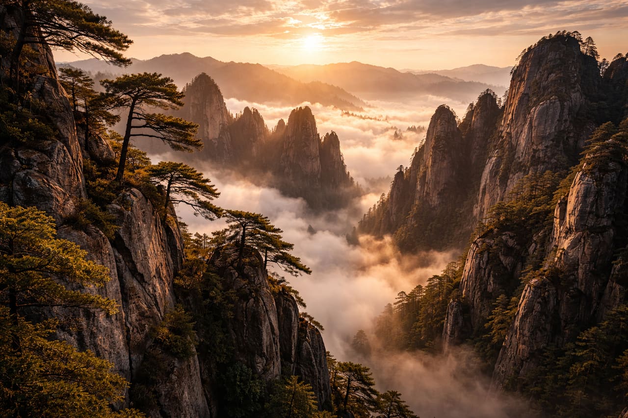 Monti Huangshan con pini e nuvole