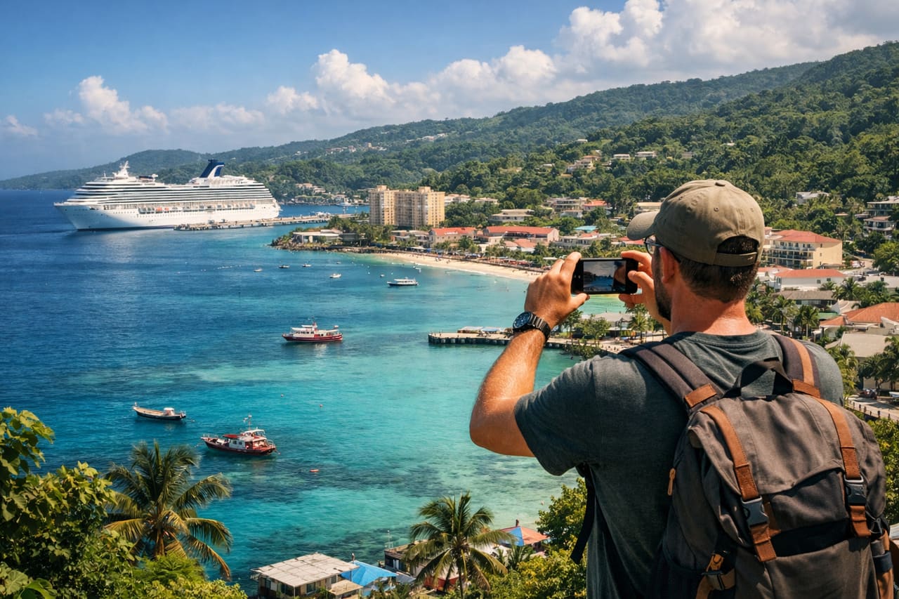 Costa di Ocho Rios con porto e colline verdi: un turista sullo sfondo scatta una foto con lo smartphone