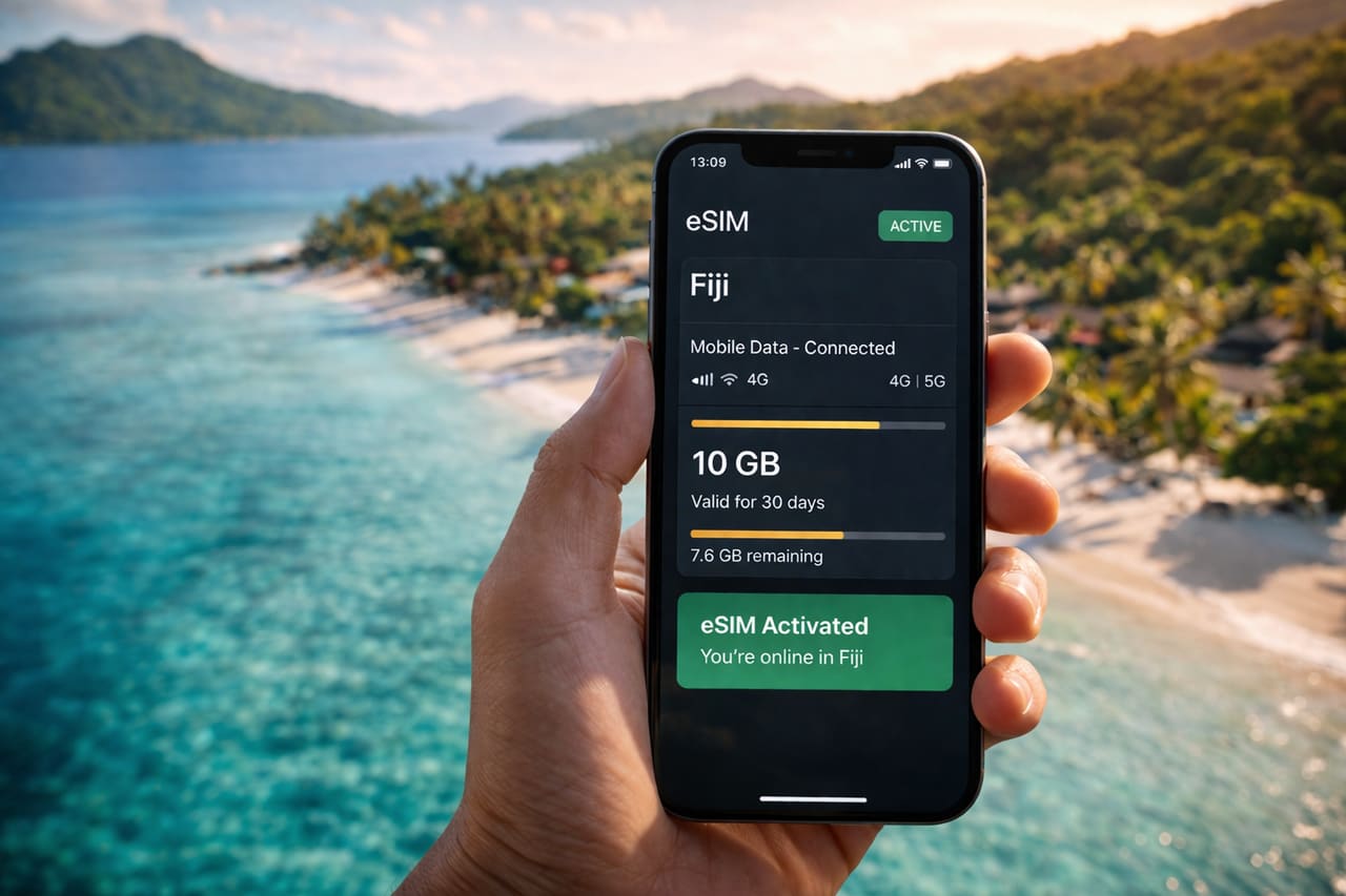 Смартфон с активированной eSIM для Фиджи на экране на фоне тропического пляжа с пальмами и океаном