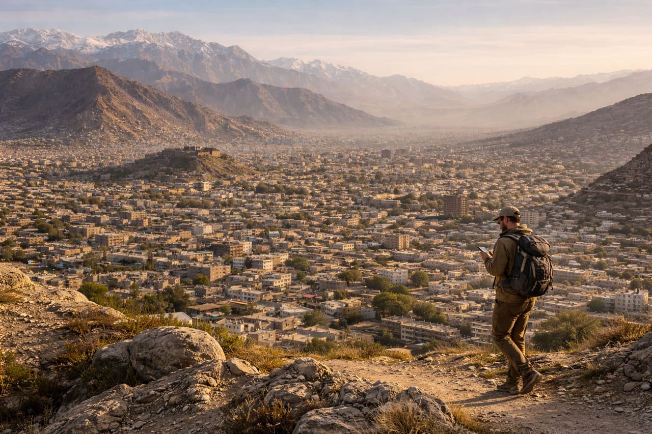 Panorama di Kabul con le montagne sullo sfondo e un viaggiatore con smartphone con eSIM attiva
