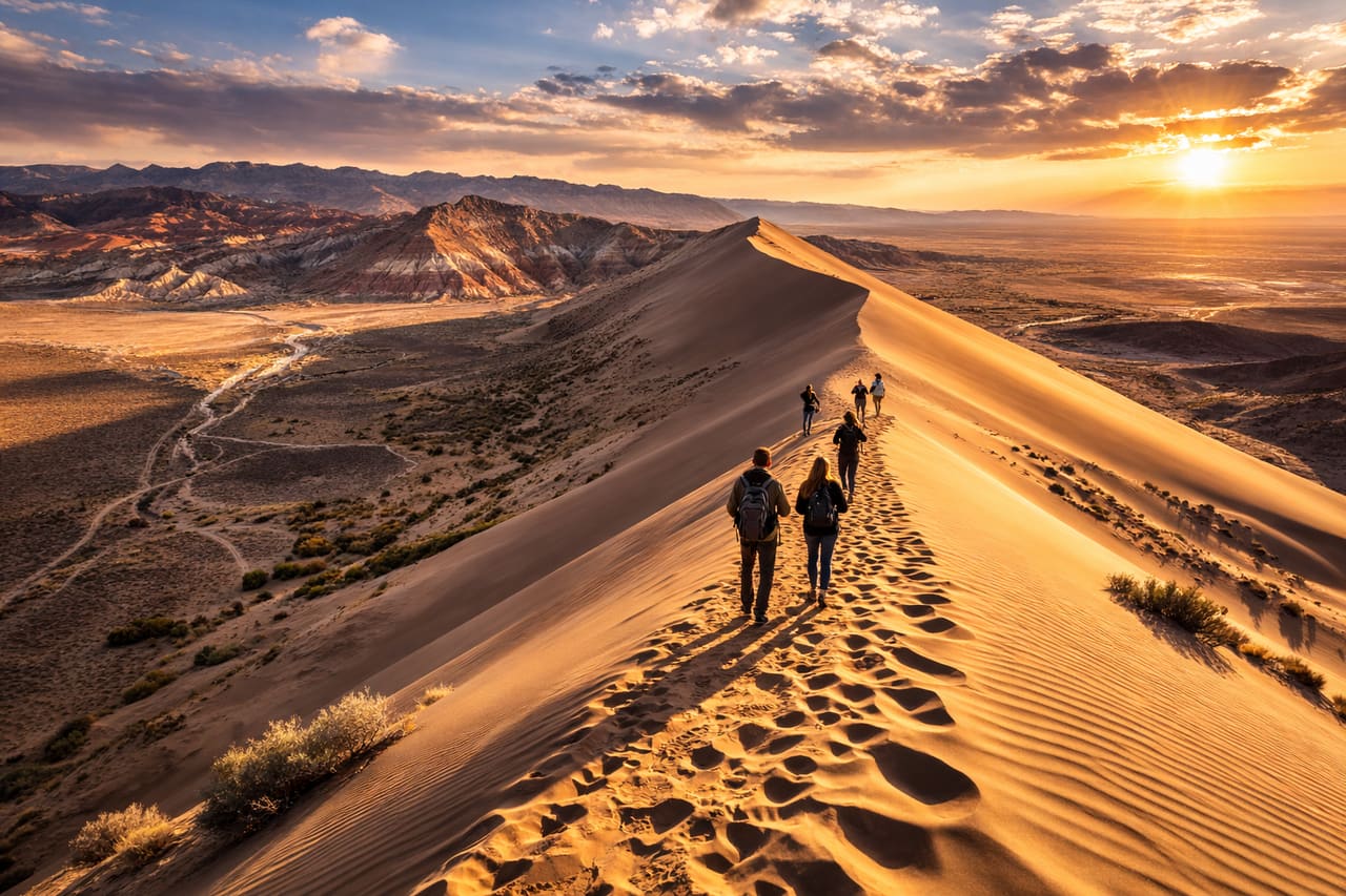 Viaggiatori sulla Duna Cantante con smartphone e eSIM