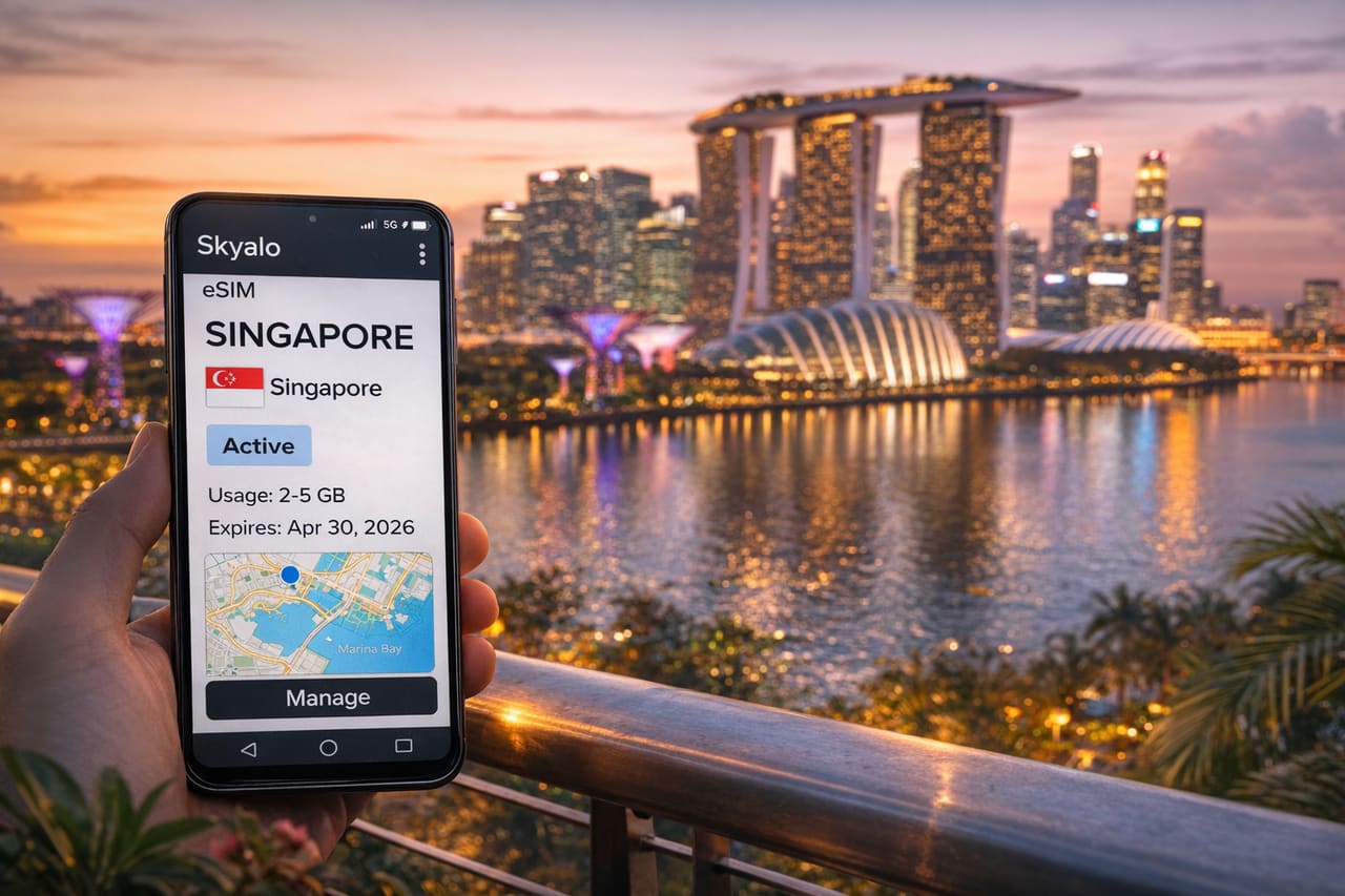 Attivazione di una eSIM per internet a Singapore su uno smartphone con vista panoramica su Marina Bay.
