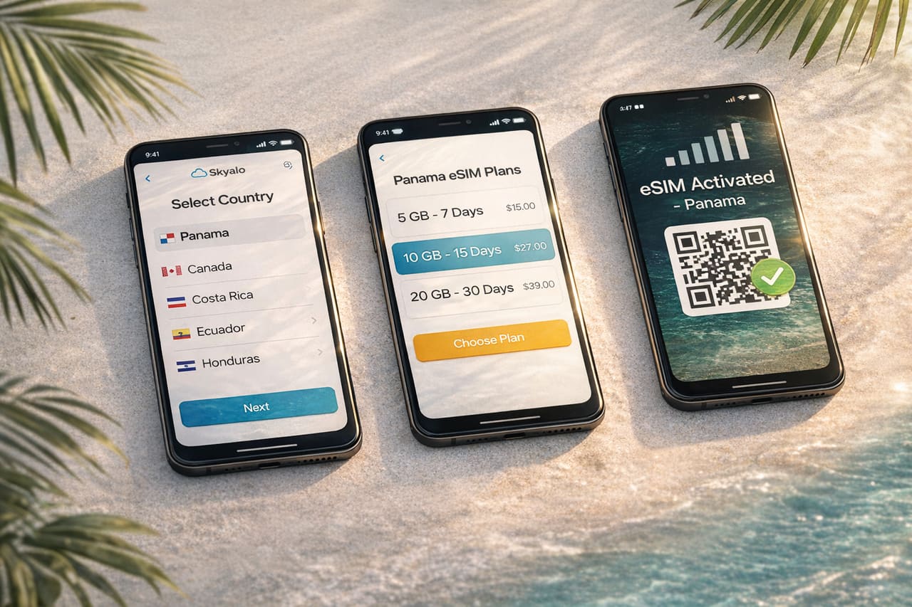 Attivazione eSIM per Panama su tre smartphone - scelta del Paese, scelta del piano e attivazione riuscita