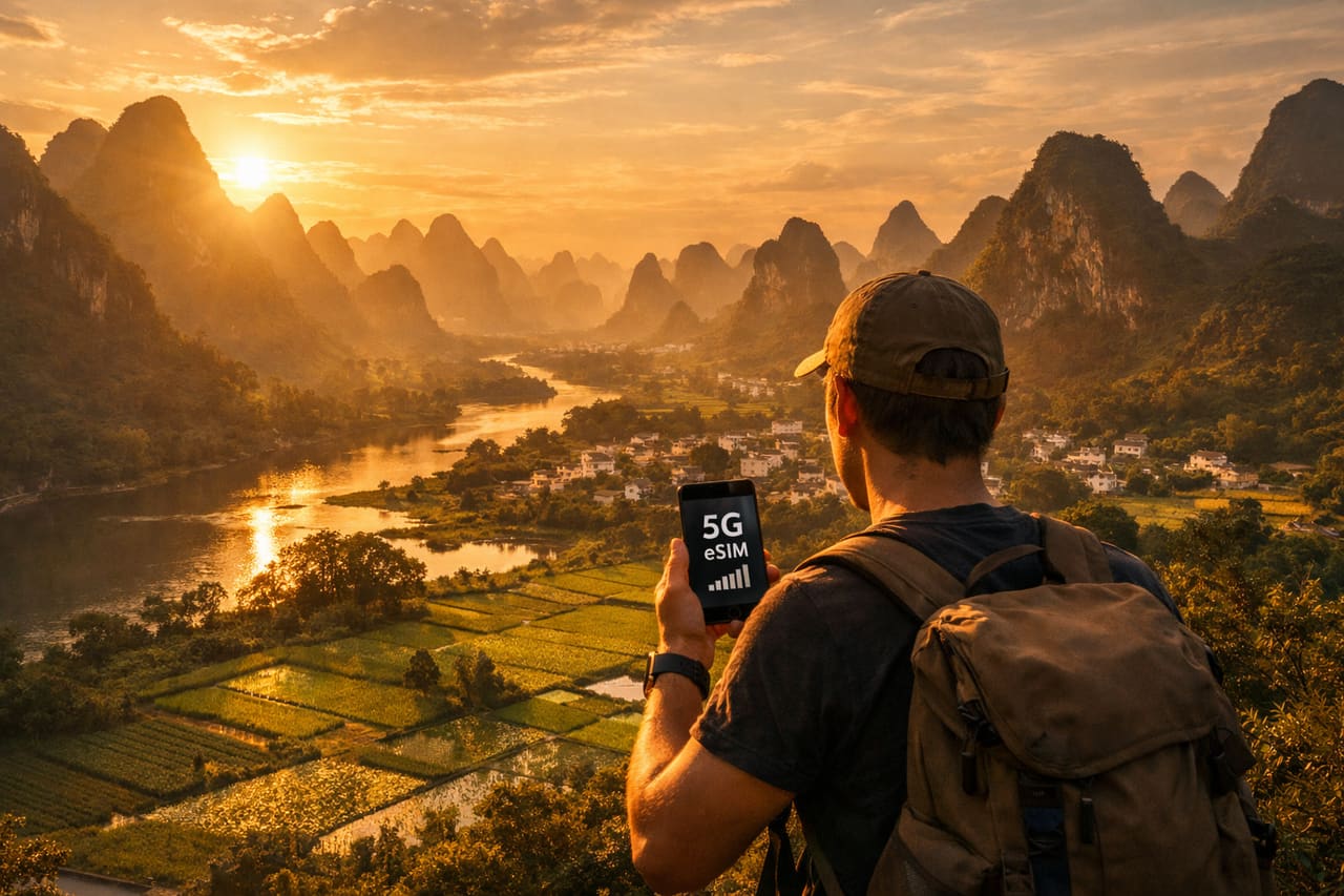 Le montagne carsiche di Yangshuo e un turista con lo smartphone con eSIM tra le risaie