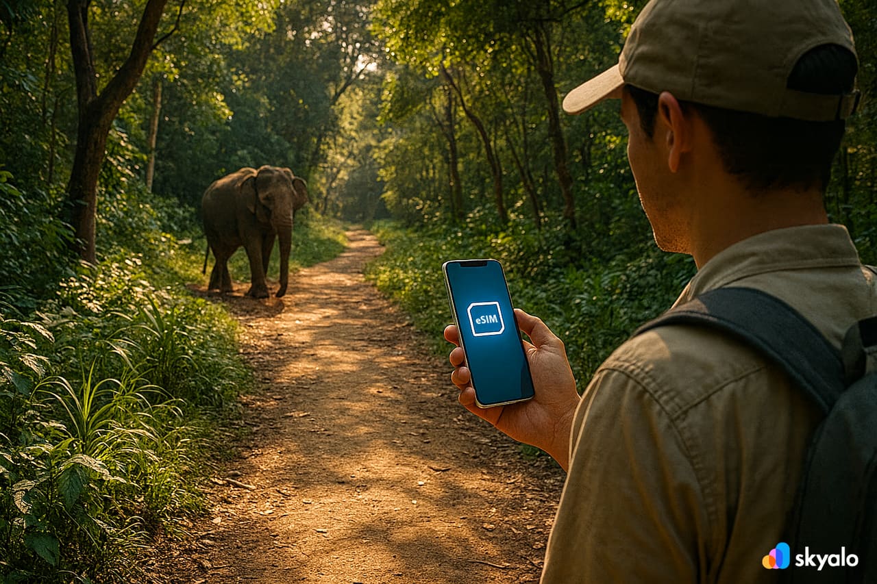 Parco Nazionale di Yok Don, viaggiatore che usa la eSIM per fotografare elefanti e restare online nel cuore della giungla