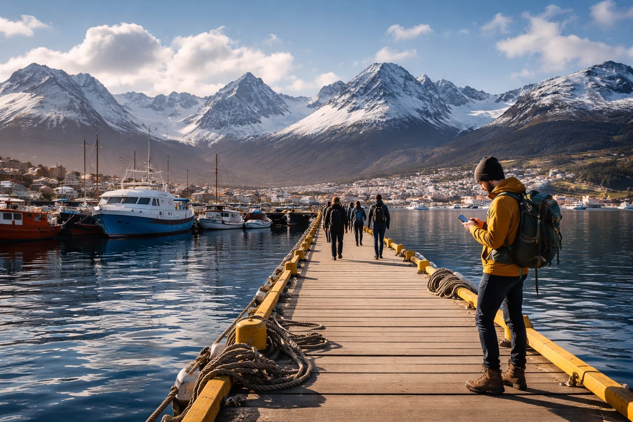 Porto di Ushuaia sullo sfondo delle montagne e viaggiatore che controlla il percorso con uno smartphone con eSIM